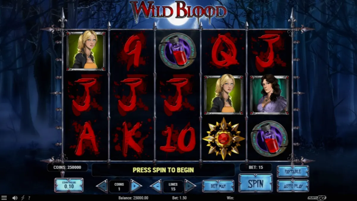 Tampilan visual slot bertema vampir Wild Blood dengan nuansa gotik dan simbol misterius