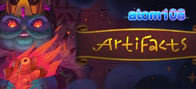 Tampilan akhir permainan slot Artifacts oleh Peter & Sons dengan gulungan yang penuh simbol kuno dan fitur bonus